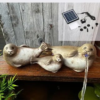 3er Set Solar Wasserspeier Robbenfamilie aus Keramik - Teichbrunnen inkl. Solarpumpe & 3m Kabel