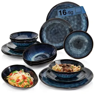 SÄNGER Tafelservice Tokio Geschirrset (16-tlg), 4 Personen, Steingut, Blau Schwarz, Handmade, Premium Collection blau|schwarz