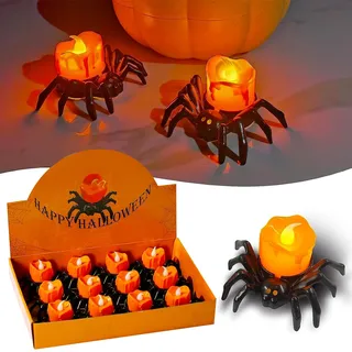 12 Stück LED Kerzen,Halloween Spinne Kerzenlicht, Flammenlose Kerze Licht | Kürbis Teelichter Kerzen,Flammenlose Kerze Licht,LED Spinnen Halloween Kerzen Licht für Party Innen Außen Home Dekor.