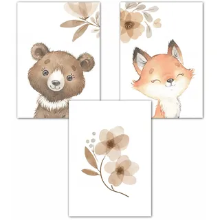 double critical Lemmami Papeterie 3er Set Boho Deko Wandbilder Kinderzimmer Babyzimmer Poster Bilder Mädchen Junge (Waldtiere Tiere Fuchs Bär)