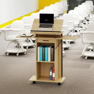 Stehpult mit klappbaren Seitenflügeln und Laptop Regalen Rollbarer Podiumsständer Schreibtisch Redepult für Kirche, Vortrag, Klassenzimmer Eiche...