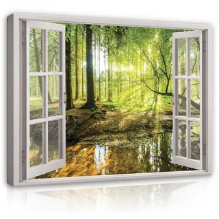 Wallarena Leinwandbild Fensterblick Wald Fenster Wandbild XXL Modern Wohnzimmer Schlafzimmer, (Einteilig), Aufhängefertig 100 cm x 75 cm