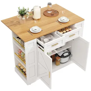 MODFU Kücheninsel Servierwagen 120x65x90 cm klappbare und ausziehbare Tischplatte mit 2 Schubladen Stauraum Regalböden Skandi Design Weiß MDF