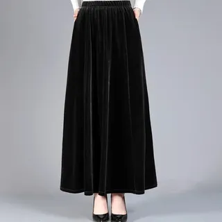 Damen-Samt-Rock in A-Linie, hohe Taille, lang für schmale Passform, einfarbig, Midi-Länge, für Freizeit und alle Jahreszeiten, Polyester-Material in Dunkelblau, Schwarz o