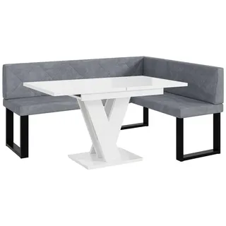 MEBLINI Eckbank für Esszimmer mit ausziehbarem Tisch - Küchenbank - Essecke - Sitzecke Küche - ERIC - U-Beine 128x168x87cm Rechts - Grau Samt/M Weiß Hochgl.