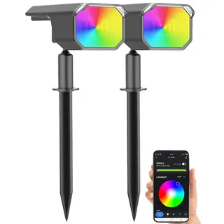 Luminea Home Control Gartenstrahler Solar: 2er-Set smarte Solar-Spots, RGB-CCT-LED, 100 lm, 2.200 mAh, 1 W, IP65 (LED Solarstrahler mit Erdspieß, Erdspießstrahler, iPad)