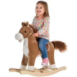 HOMCOM Kinder Schaukelpferd mit Tiergeräusche Braun 65 x 32,5 x 61 cm | Baby Schaukeltier Pferd, Spielzeug, Haltegriffe, für 36-72 Monate, Plüsch