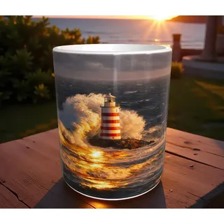 Leuchtturm Tasse 330ml Mug maritim Meer Wellen Sturm Sonnenuntergang Küste Ozean Landschaft Natur Motiv Kaffeetasse Keramikbecher Geschenkidee Strand Urlaub nordisch Deko Kaffee Becher Druck cup mug