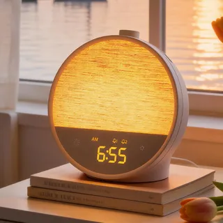 blonbar Tageslichtwecker,Lichtwecker Sonnenaufgang mit RGB Nachtlicht | 10 Naturgeräusche, 10 Weißgeräusche, 2 Wecker, Touch-Bedienung, Nachttischlampe,Snooze