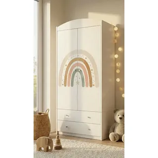 Schrank Kinderzimmer Weiß 2 Türen 2 Schubladen Kleiderschrank Kinder mit Kleiderstange 88x187 cm, Regenbogen - Weiß