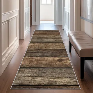 Generisch Läufer Flur Holzoptik, Waschbarer Teppich Läufer Bauernhaus Rustikal Holzstruktur 60x200, Küchenteppich, Eingangsbereich, Bettvorleger, Schlafzimmer Deko, rutschfest, Kurzflor i2258