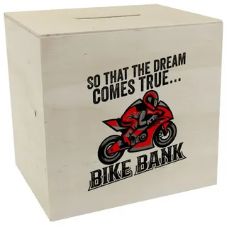 speecheese Spardose Bike Bank Spardose aus Holz mit Spruch und Motorrad in rot