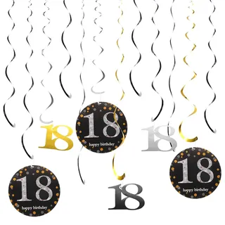 18 Geburtstag Deko, Deko 18. Geburtstag Junge, Schwarz Gold Spirale Deko Set, 12 Stücke Mit 18. Geburtstag Anhängern Und Zahlen, Für Geburtstagsparty, Hochzeit, Jubiläum, Innen- Und Außendekoration