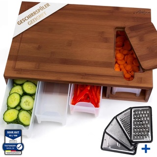 Acolyne® XXL Schneidebrett mit Auffangschale aus hoch KARBONISIERTEN BAMBUS mit 4x Schäler-Aufsatz und Abdeckung | Frankfurter Brett | Schneidebrett Holz | Cutting board