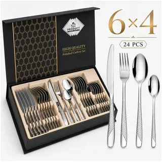 Fyrove Besteck-Set Besteck Set 24-teilig Edelstahl Besteckset,modernes Silber Essbesteck, 6 Personen, mit Messer, Gabel, Löffel & Teelöffel, spülmaschinenfest, Geschenkbox silberfarben