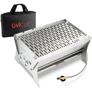 ovicue Grill klein M | Mobiler Steck-Gasgrill – Tragbarer Edelstahlgrill mit Stecksystem – Gas- & Holzkohlebetrieb – Inkl. Tragetasche