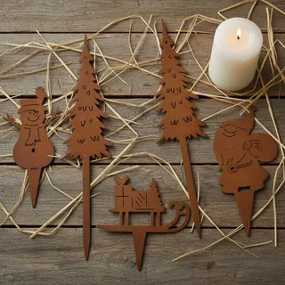 LB H&F Lilienburg 5er Set Gartenstecker Schneemann Schlitten Roststecker Tannenbaum Santa rost Winterdeko Weihnachtsdeko edelrost deko Weihnachten Dekoration Metall klein