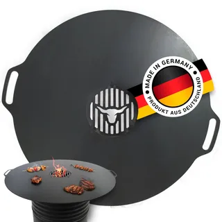 Feuerplatte mit Seitenhandgriffe 90cm INKL. Grilleinsatz, 5mm Stärke, Grillplatte für Feuertonne & Feuerschale, Plancha Grillring für BBQ & Teppanyaki, Massive Stahlplatte für perfektes Grillen #944