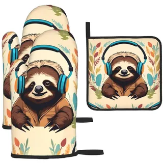 Lustige niedliche Tier-Faultier-Musik-Ofenhandschuhe und Topflappen, Grillhandschuhe und Halter zum Kochen, Backen (3-teiliges Set)