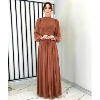 fashionshowcase Tüllkleid Damen Abendkleid Maxilänge Abaya-Stil - Modest Mode vollständig blickdicht & bedeckt braun 36(EU 34)