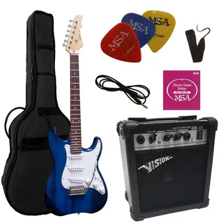 MSA E-Gitarre ST5, Elektrogitarre im Set, mit 20 Watt Verstärker, Tasche, Band,Saiten, 3xPik, Tremolo blau