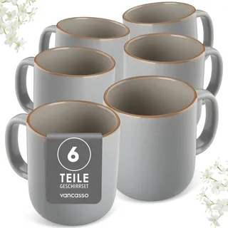 vancasso Kaffeetassen Set 6er, RENO Kaffeeservice 480ml Große Steingut Kaffeebecher mit Henkel, Moderne Kaffeetasse Set für Tee, Saft, Latte, Cappuccino, Kakao, Spülmaschinen- & Mikrowellenfest, Grau