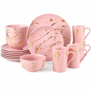 Loymokinar Porzellan-Geschirr-Set, 16-teilig für 4 Personen, Rosa mit goldfarbenem Marmor-Design, Teller, Schüssel, Tassen, stapelbar, robust, spülmaschinenfest, mikrowellengeeignet