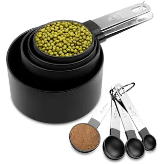 Fousenuk 8 Stück Messlöffel Set mit 4 Measuring Cups und 4 Löffel | Messbecher Set Edelstahl für Messen Flüssigkeiten und Feststoffe, Messwerkzeug von Küchen, Dosierlöffel für Backmessen