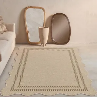 Tribesigns Indoor Outdoor Teppich Wetterfest 160x230 cm, Jute-Look, Muschelkante & Randmuster Landhausstil, waschbar,Küche, Balkon, Terrasse, Beige - Beige