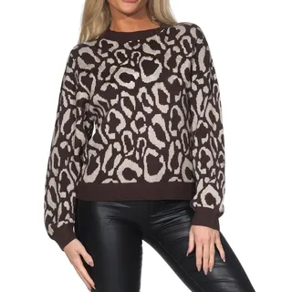 Vila Damen Strickpullover feingestrickter Pullover mit Leopard-Muster VITip O-Neck Jacquard - XL