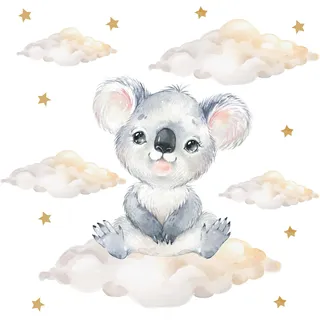 Pandawal Kinderzimmer Deko Wandtattoo Koala mit Wolken Sterne Junge Mädchen Wandsticker Baby Safari Tiere Wandaufkleber (L, Koala)