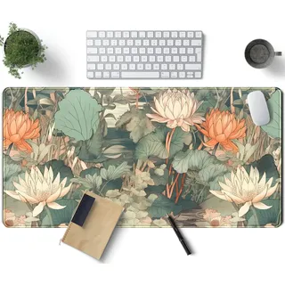 Schreibtischunterlage mit hellem Smaragd und orangefarbenem Blumenmuster, XXL, großes erweitertes Mauspad, Gaming-Schreibtischunterlage, ästhetische asiatische Lotusblüte, große Laptop-Tastatur und