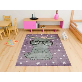 AKCILA Lima Kinderteppich Lila Grau mit Hase 100x150 cm | Wunderschön Teppich für Kinderzimmer, niedliches Tiermotiv, Kinderteppich für das Kinderzimmer mit Fußbodenheizung