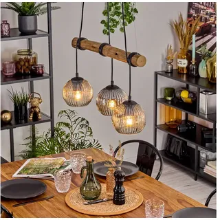 hofstein Pendelleuchte Hängelampe aus Metall/Holz/Riffelglas in Bernstein/Rauch/Klar, ohne Leuchtmittel, Hängeleuchte im Retro/Boho Design mit Glasschirmen und Holzbalken, E27 beige