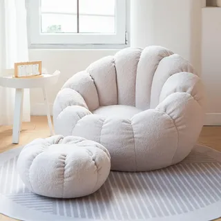 DESHVA Ultraweicher Sitzsack Stuhl, Teddy Stoff Sesselbezug, Sitzsäcke, Stühle, Lazy Lounger Tatami, Bequemer Freizeit Sofastuhl für Schlafzimmer, Wohnzimmer (NUR Bezug, KEIN Füllstoff),Weiß