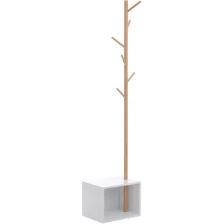 HOMCOM Garderobenständer Kleiderhaken Garderobe mit Sitzbank + Stauraum Baum-Design Zweige 6 Haken MDF + Bambus Weiß + Natur 40 x 30 x 180 cm