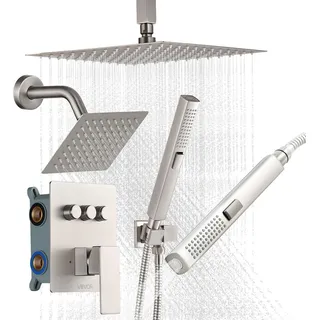Vevor Duschsystem-Set inkl. 10 Zoll Regenduschsystem / 6 Zoll Wandmontagekopf / 2 in 1 Handbrause, drehbarer Doppelregenkopf (3 Funktionen), Messingventil und Verkleidungssatz, gebürstetes Nickel