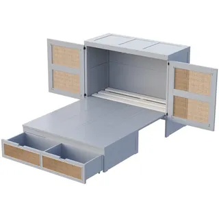 EXTSUD Schrankbett Schrankbett 140x200 cm mit Lattenrost, Stauraum & Rattan-Design (Rattan-Design, Holzbetten, Jugendbetten, Einzelbetten) vertikales schrankbett mit Lattenrost, mit Stauraumschubladen grau