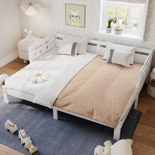 Merax Tagesbett Kinderbett 90x200 cm, Funktionsbett Gästebett aus Massivholz, Holzbett mit Lattenrost & Rausfallschutz, Ausziehbett Einzel und Doppelbett, für Mädchen, Herzform Dekoration, Weiß
