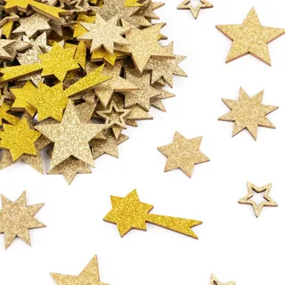 BOFUNX 101 Stücke Sterne Streudeko Mini Holzsterne Glitzer Sterne Deko Gold Sterne Konfetti für Adventskranz Weihnachten Deko Tischdeko DIY Handwerk