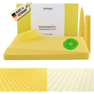 Wachsmann 15 XL Bienenwachsplatten 35 x 20 cm, reines Bienenwachs aus Deutschland, gelb, Wachsplatten für Kerzen selber Machen, DIY Geschenk - Honigkerze