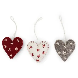 Én Gry & Sif Herzen im Scandi-Stil | Handgemachte Deko aus Filz | Weihnachtsdeko, Weihnachtsbaumschmuck, Winterdeko zum Aufhängen | 3 Herzen Mit Sternen Bestickt - Rot, Weiß, Grau