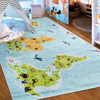 Mazovia Kinderzimmerteppich Antirutsch - Waschbar bis 30 Grad - Spielteppich Weltkarte - Kurzflor Kinderteppich Teppich für Kinderzimmer - ÖKO-TEX - Teppiche Junge Mädchen Blau 160 x 230 cm