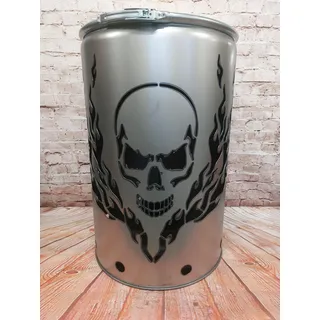 Fuchsbau Feuertonnen Feuertonne mit - Totenkopf Flammen - Motiv - Gefertigt aus neuem Ölfass - Besondere Feuerstelle für Garten und Terrasse - Hohe Feuerschale mit Rostoptik - 90 x 60 cm