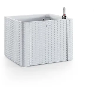 Pflanzkasten Rattan-Design mit Wasserspeicher, 43x43x33 cm, weiß | Quadratischer Blumenkübel mit Wasserstandsanzeige für Balkon, Terrasse und Garten