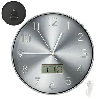 HUOMAQFAN 30 cm Funkuhr Lautlos Wanduhr mit Kalender Digital LCD, Wanduhr ohne Tickgeräusche mit Datum Wochentag und Thermometer, Geräuschlos Modern Küchenuhr für Wohnzimmer Büro Küche