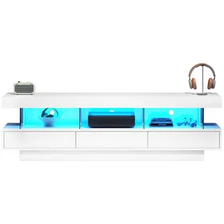 Sweiko Lowboard TV-Schrank TV-Board für 70-Zoll-Fernseher (Hochglanz-TV-Ständer mit 3 Glasfächern,LED-Beleuchtung,App-Steuerung,Bluetooth-verbunden, 1 St., mit Glas-TV-Ständer,Smart TV-Schrank 160*38*50.5cm) weiß