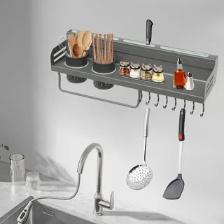 Donened - Gewürzregal, Gewürzregal Wand ohne Bohren, Gewürz Organizer mit Küchenrollenhalter, Messerschlitz, Haken, Becher, Gewürzregal Wand für Küchenregal (50x14cm Grau)