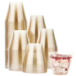 MATANA 120 Premium Plastikbecher, Partybecher, Trinkbecher mit Goldglitter (255ml / 9oz) - Hartplastik Becher, Kunststoffbecher, Mehrwegbecher, Cocktailgläser, Plastikgläser für Hochzeiten & Partys