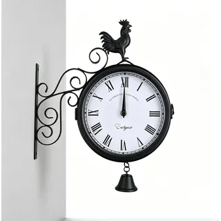 Jerool Wanduhr doppelseitig Retro schwarz | Metall | 30x37 cm, leise, mit Hahn-Deko, für Wohnzimmer, Küche, Büro, Vintage wanduhr